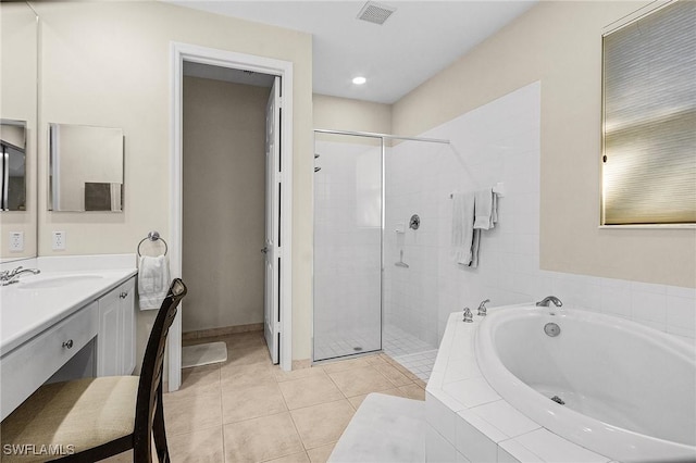 bathroom with vanity, separate shower and tub, and tile patterned floors