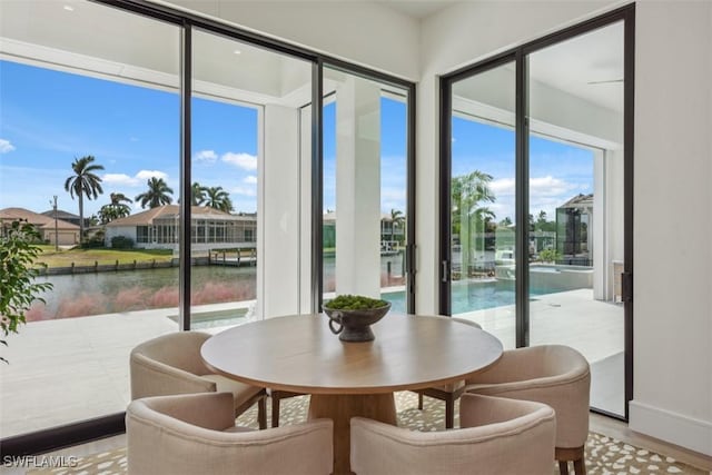 sunroom with a water view and plenty of natural light