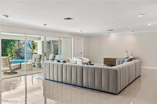 tiled living room featuring ornamental molding