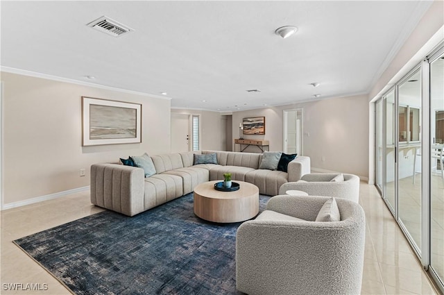 tiled living room featuring crown molding