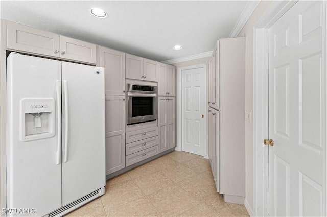 kitchen with crown molding, oven, light tile patterned floors, and white fridge with ice dispenser