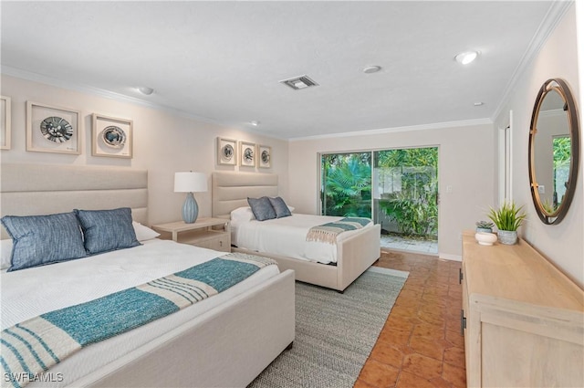 bedroom featuring multiple windows, crown molding, and light tile patterned floors