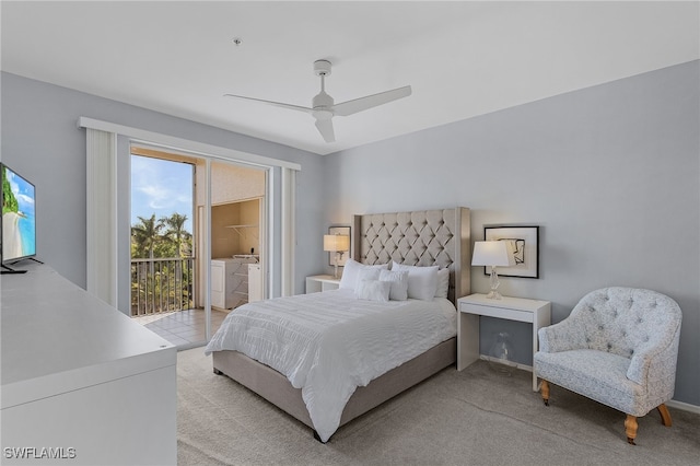 carpeted bedroom with separate washer and dryer, access to exterior, and ceiling fan