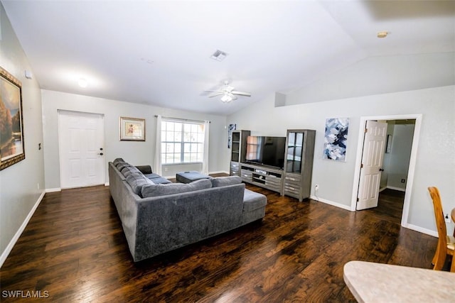 501 NE 24th Ter, Cape Coral, FL 33909 - living room featuring ceiling fan, lofted ceiling, and dark hardwood / wood-style floors