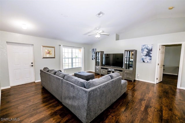 living room with vaulted ceiling, dark hardwood / wood-style floors, and ceiling fan