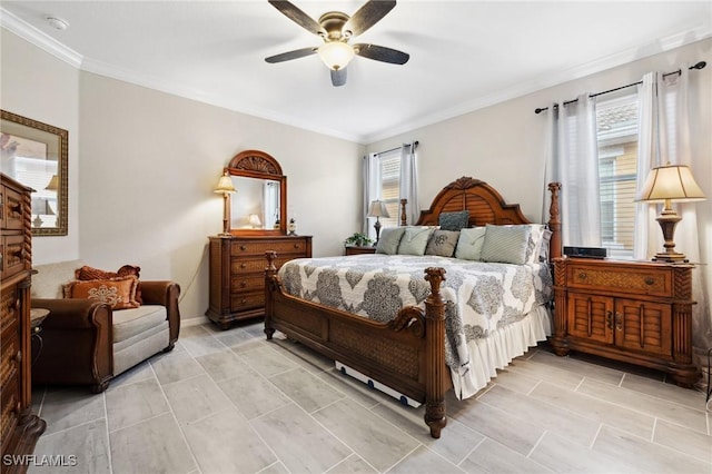 bedroom with crown molding and ceiling fan