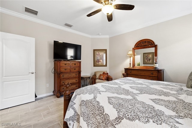 bedroom featuring ornamental molding and ceiling fan