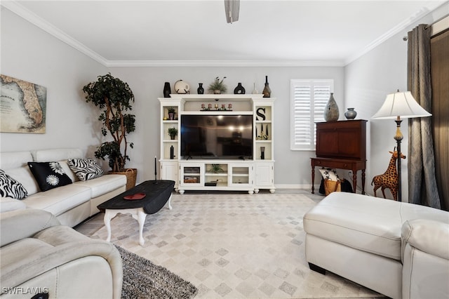 living room with ornamental molding