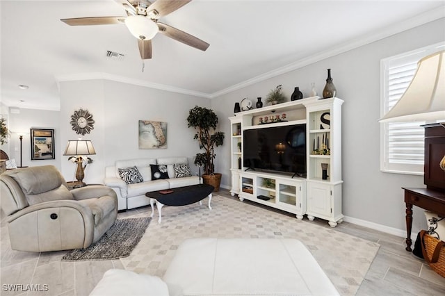 living room with ceiling fan, ornamental molding, and light hardwood / wood-style floors