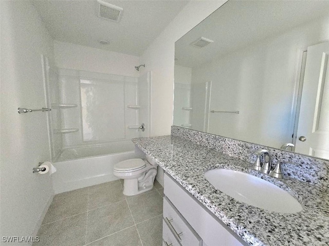 full bathroom with shower / washtub combination, toilet, tile patterned flooring, and vanity