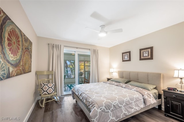 bedroom with dark wood-type flooring, access to outside, and ceiling fan