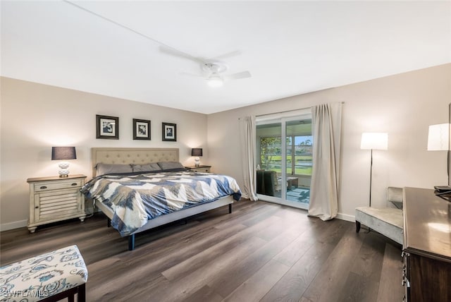 bedroom with ceiling fan, access to exterior, and dark hardwood / wood-style flooring