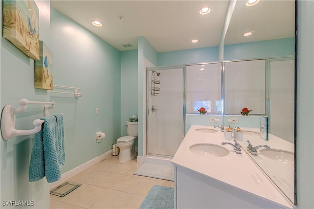 bathroom featuring tile patterned flooring, vanity, a shower with door, and toilet