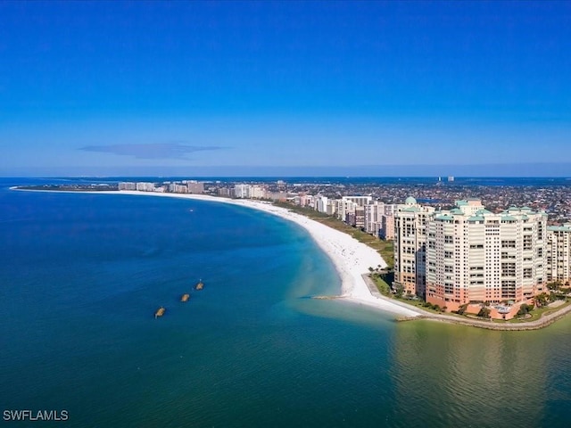 bird's eye view with a water view and a view of the beach