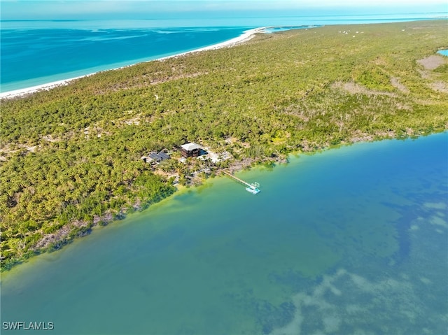 drone / aerial view with a beach view and a water view