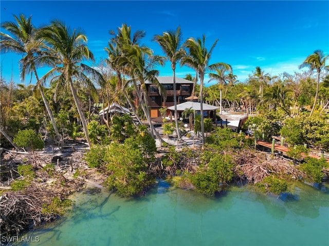 bird's eye view with a water view