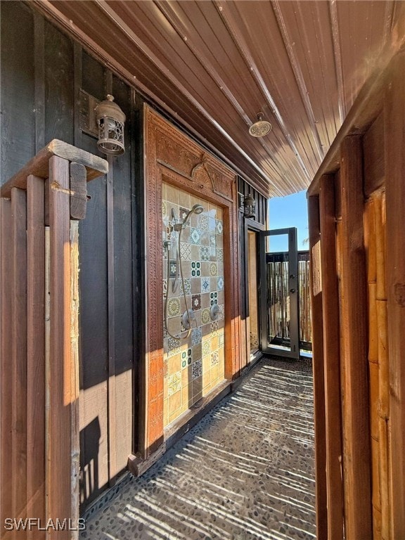 corridor with wooden ceiling