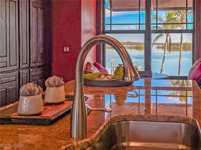 interior details featuring a water view and sink