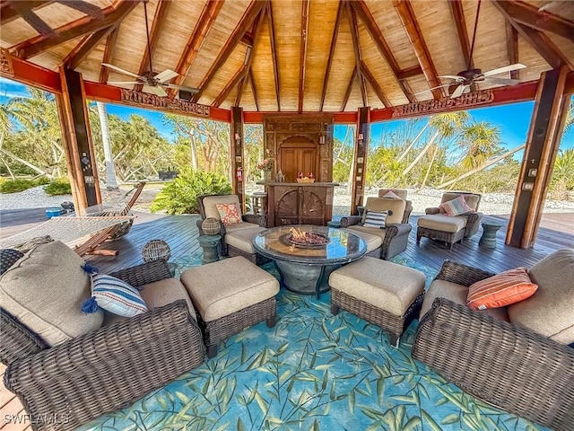 view of patio / terrace with a gazebo, ceiling fan, and an outdoor hangout area