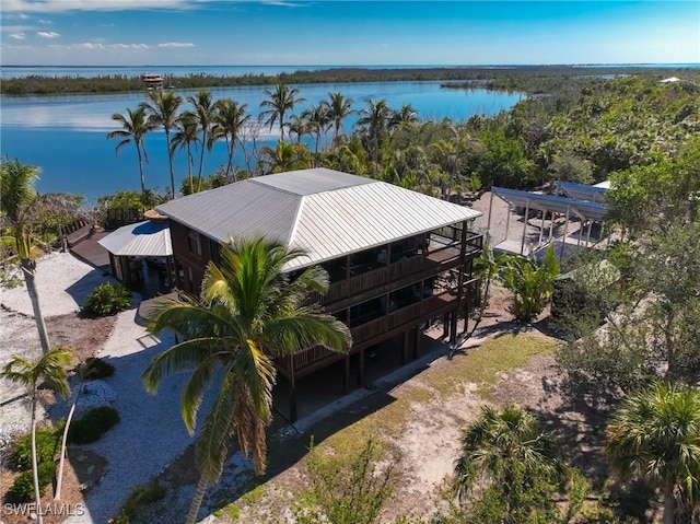 drone / aerial view with a water view