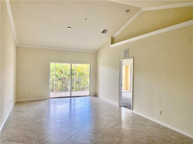 unfurnished room with ornamental molding, high vaulted ceiling, and light tile patterned floors