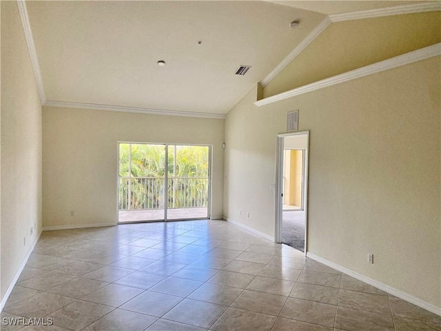 unfurnished room with crown molding, light tile patterned flooring, and high vaulted ceiling