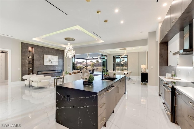 kitchen with appliances with stainless steel finishes, decorative light fixtures, sink, a raised ceiling, and a spacious island