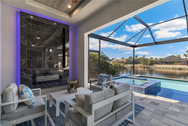 view of patio / terrace with a swimming pool with hot tub, outdoor lounge area, a water view, and glass enclosure