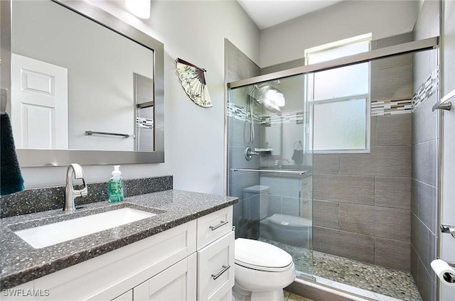 bathroom featuring a healthy amount of sunlight, toilet, an enclosed shower, and vanity