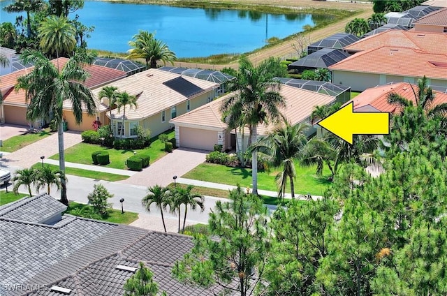 aerial view featuring a water view