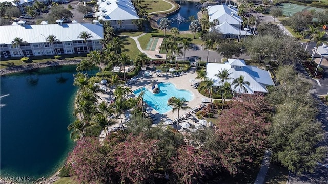 aerial view featuring a water view