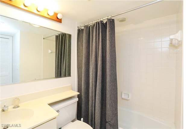 full bathroom with vanity, toilet, and shower / bathtub combination with curtain