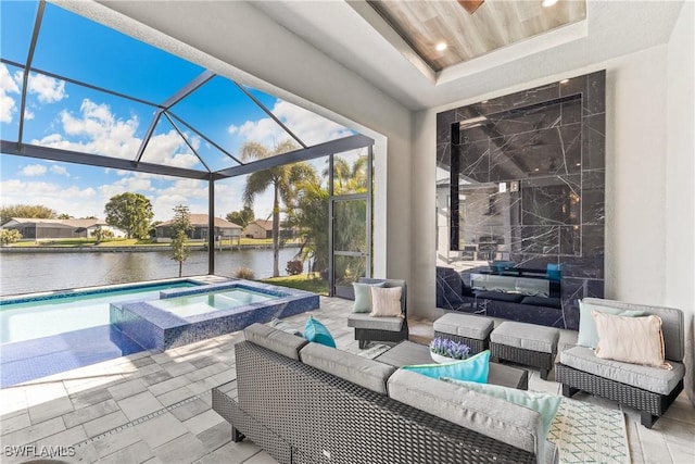 view of patio / terrace featuring a water view, a swimming pool with hot tub, outdoor lounge area, and glass enclosure