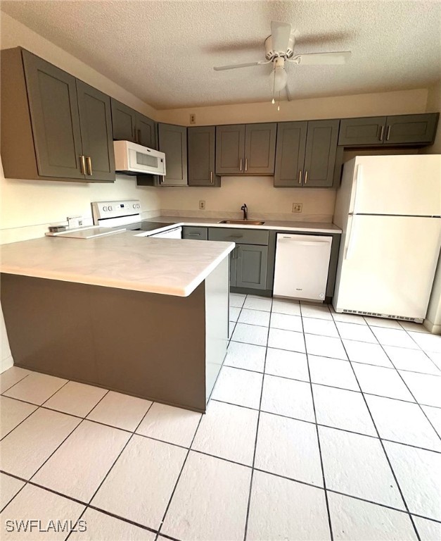 kitchen with sink, white appliances, ceiling fan, light tile patterned flooring, and kitchen peninsula