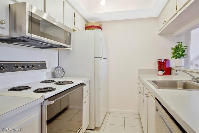 kitchen featuring dishwashing machine, sink, white range with electric stovetop, white cabinets, and light tile patterned flooring