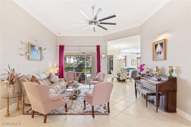 5683 Whispering Willow Way, Fort Myers, FL 33908 - living area featuring crown molding, a ceiling fan, light tile patterned floors, and a chandelier