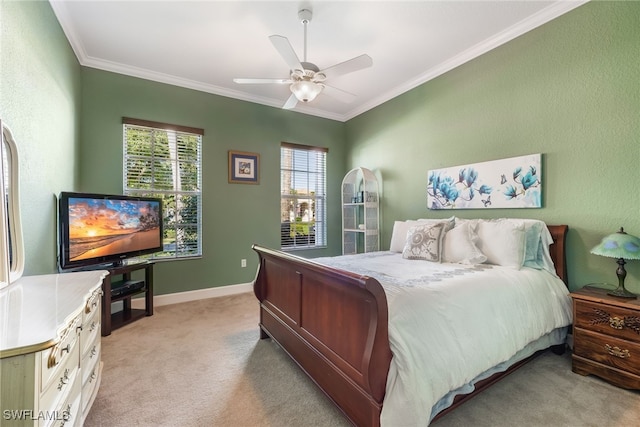 5683 Whispering Willow Way, Fort Myers, FL 33908 - bedroom featuring light carpet, ornamental molding, and ceiling fan