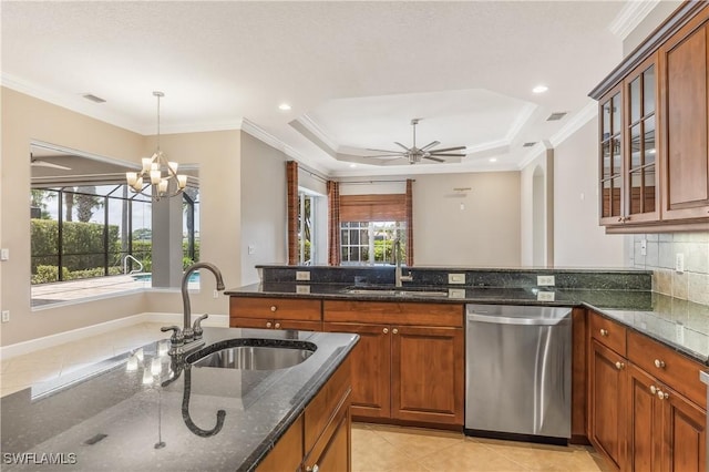 5683 Whispering Willow Way, Fort Myers, FL 33908 - kitchen featuring dishwasher, dark stone counters, crown molding, brown cabinetry, and glass insert cabinets