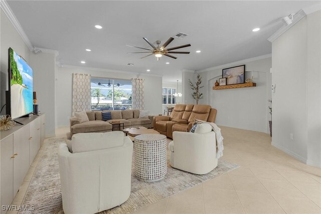 tiled living room featuring crown molding and ceiling fan