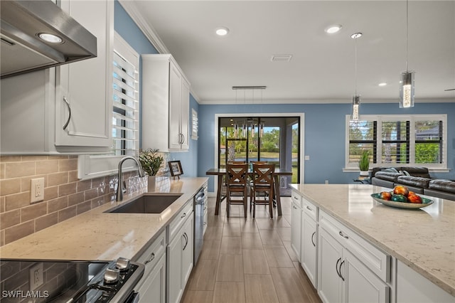 kitchen featuring light stone countertops, sink, hanging light fixtures, and white cabinets