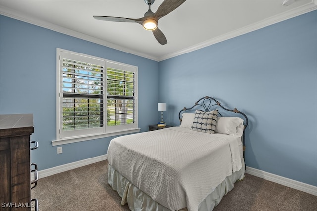 bedroom with ornamental molding, carpet flooring, and ceiling fan