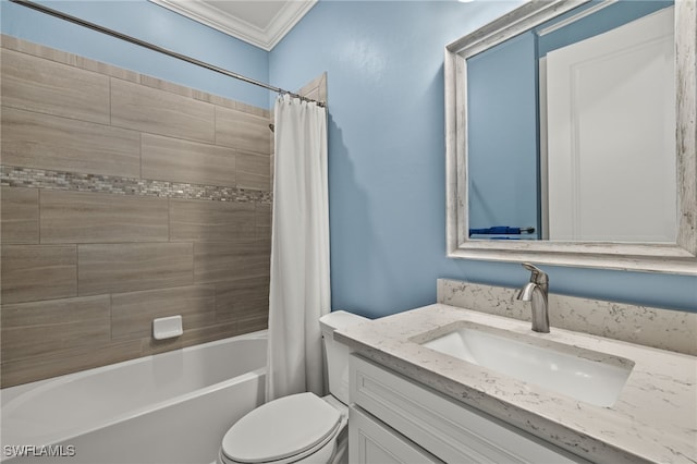 full bathroom with toilet, ornamental molding, shower / bathtub combination with curtain, and vanity