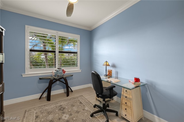 office area featuring ornamental molding, light hardwood / wood-style floors, and ceiling fan