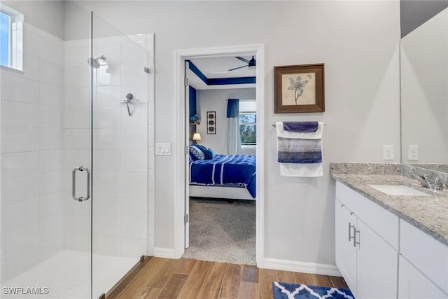 bathroom with hardwood / wood-style flooring, vanity, a tray ceiling, and a shower with door