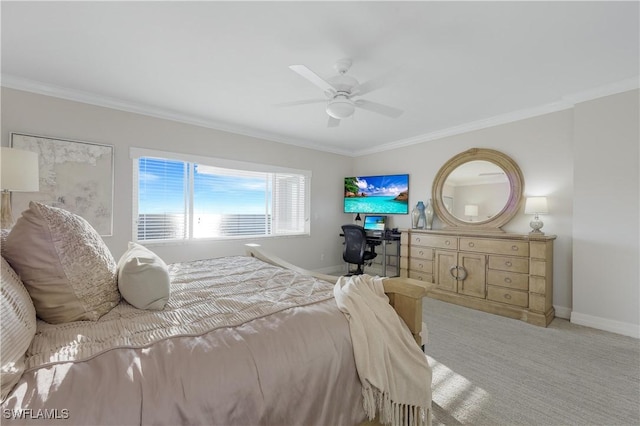 bedroom with crown molding, light carpet, and ceiling fan