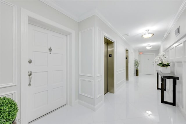 hall featuring crown molding and elevator