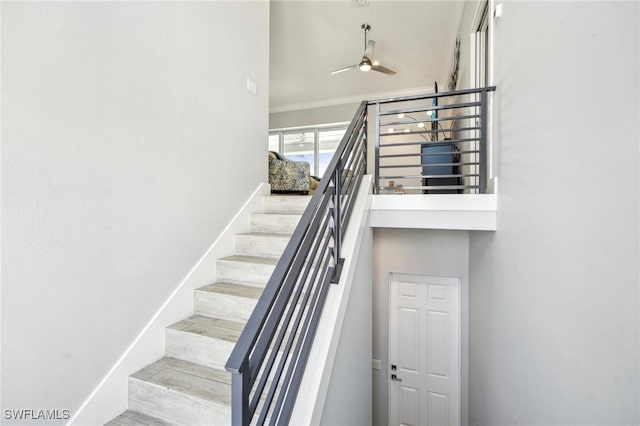 staircase featuring ceiling fan