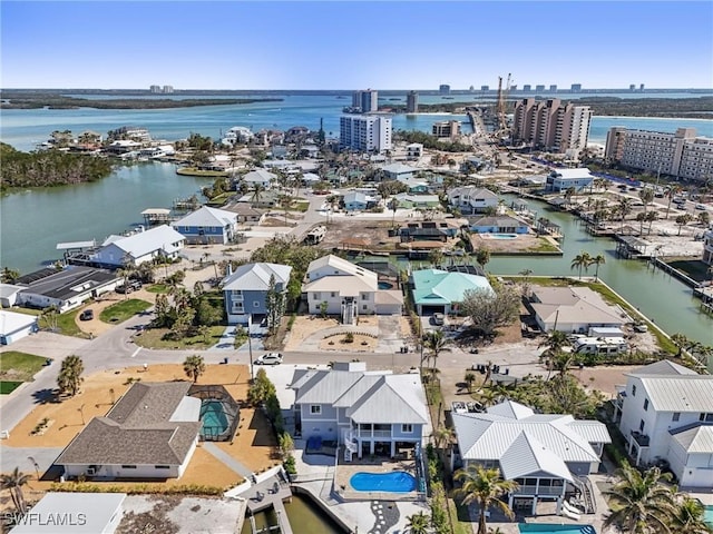 drone / aerial view featuring a water view