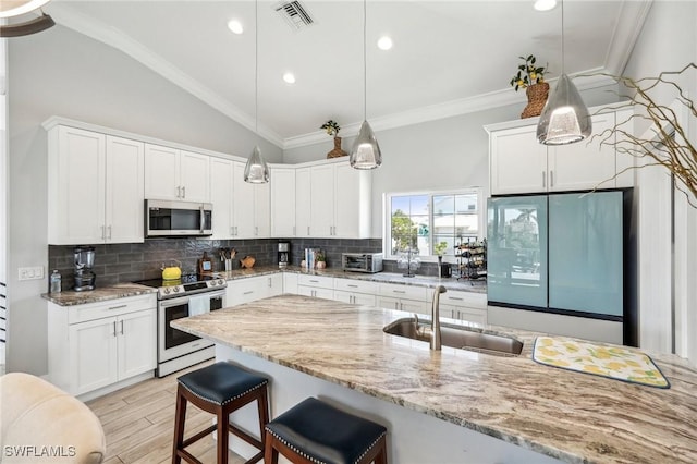 kitchen with white cabinetry, stainless steel appliances, light stone countertops, and sink