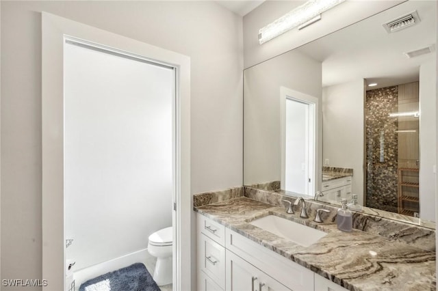 bathroom featuring vanity, toilet, and walk in shower